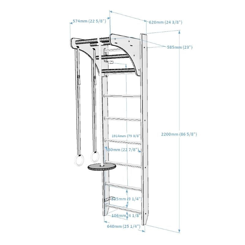 BenchK 111 Wooden Wall Bars with Adjustable Pull Up Bar and Gymnastic Accessories with Dimensions