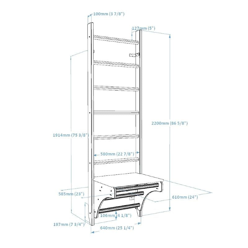 BenchK 112 Wooden Wall Bars with Adjustable Pull Up Bar and Bench Top with Dimensions