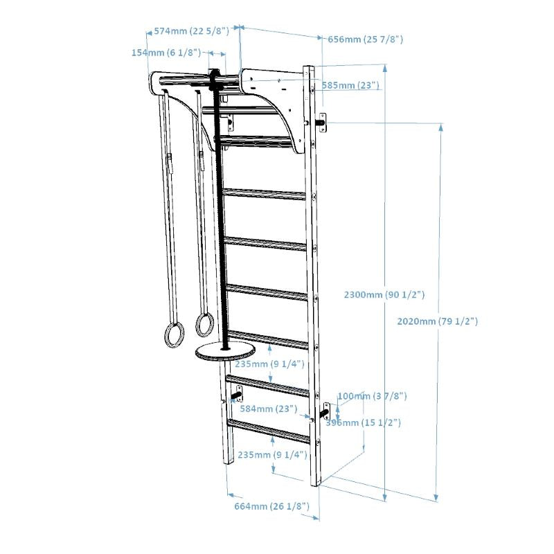 BenchK 211B+A204 Wall Bars with Adjustable Pull Up Bar and Gymnastics Accessories with Dimensions