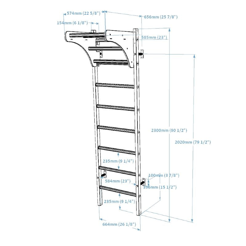 BenchK 211B Wall Bars with Adjustable Pull Up Bar with Dimensions