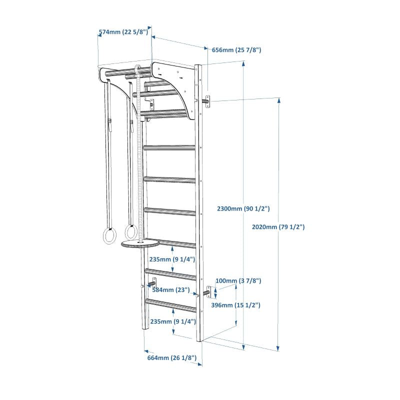 BenchK 212B Wall Bars with Adjustable Pull Up Bar and Bench Top and Gymnastics Accessories with Dimensions