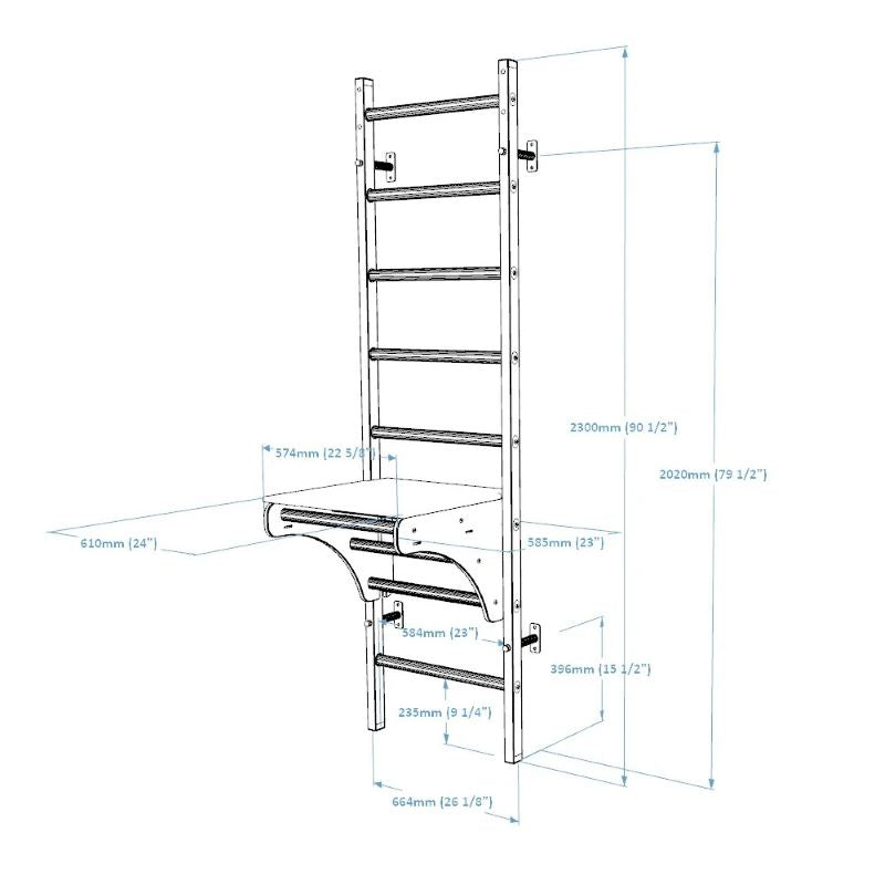 BenchK 212B Wall Bars with Adjustable Pull Up Bar and Bench Top with Dimensions