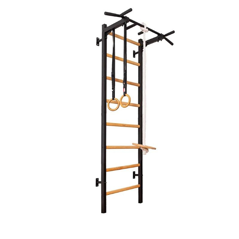 BenchK 221B+A076 Wall Bars with Fixed Steel Pull Up Bar with Gymnastics Accessories Side View