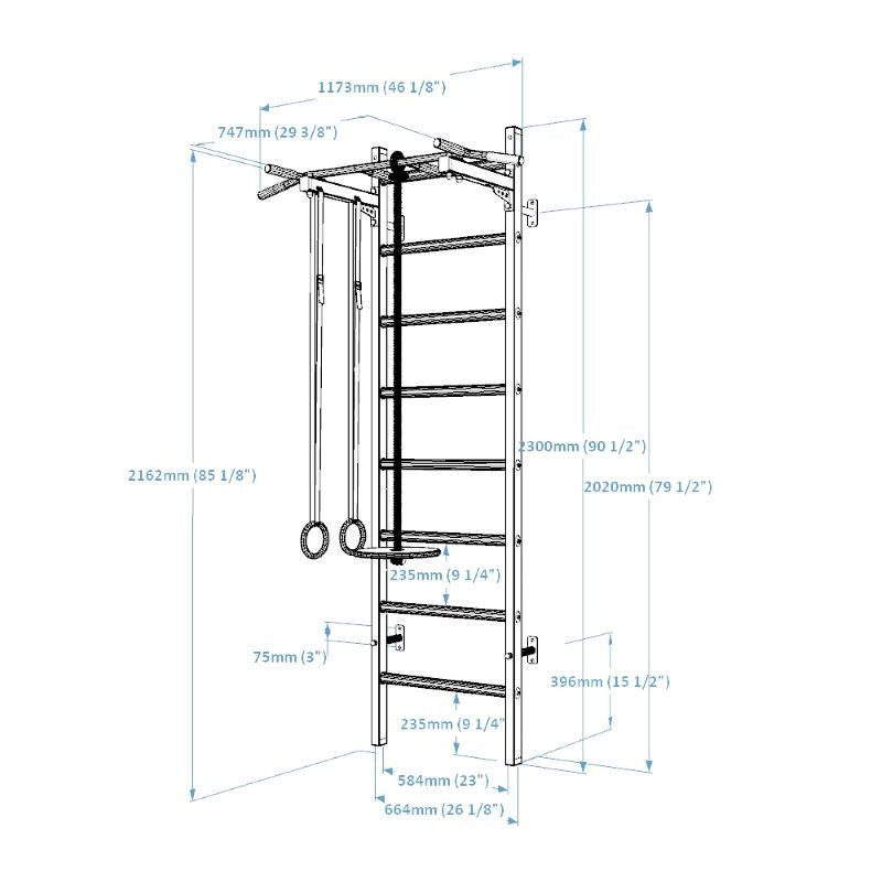 BenchK 221 Wall Bars with Fixed Steel Pull Up Bar and Gymnastics Accessories with Dimensions