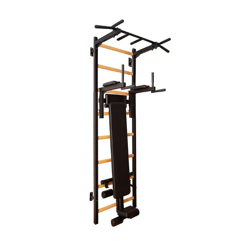 BenchK 221B Wall Bars with Fixed Steel Pull Up Bar a Dip Bar and Workout Bench Side View