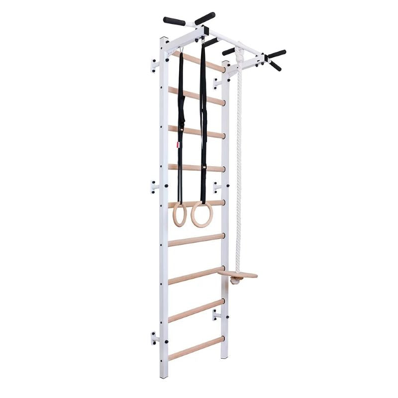 BenchK 721W+A204 Wall Bars with Fixed Steel Pull Up Bar and Gymnastics Accessories Side View