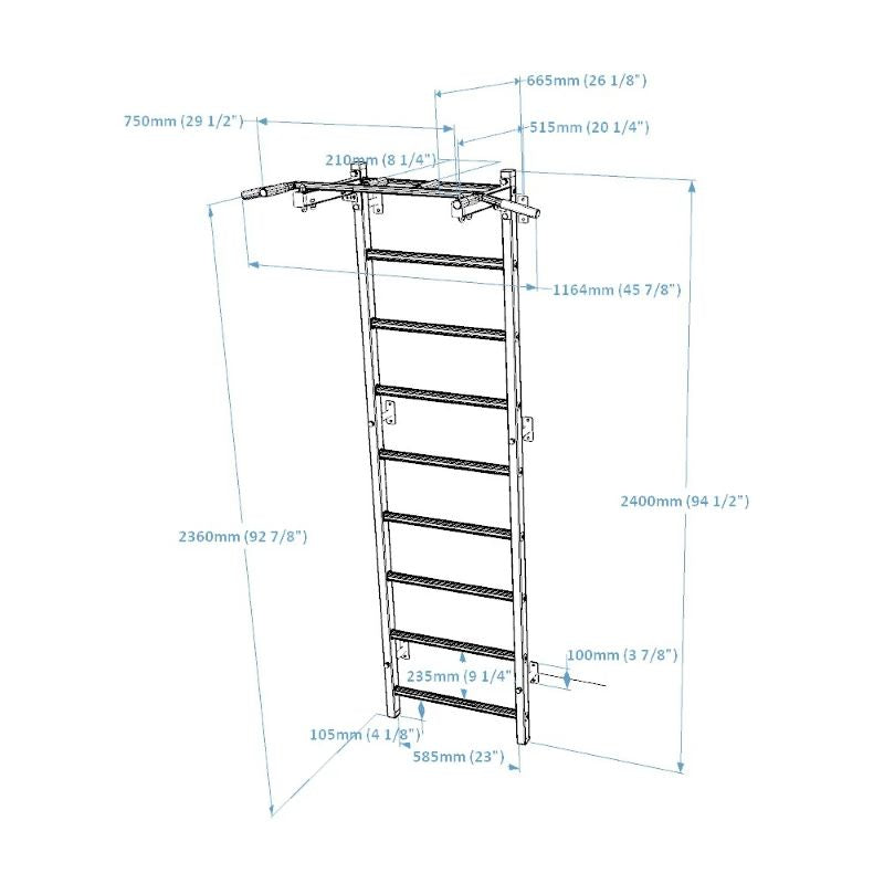 BenchK 721B Wall Bars with Fixed Steel Pull Up Bar with Dimensions