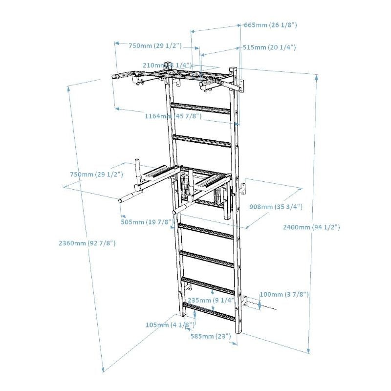 BenchK 722B Wall Bars with Fixed Steel Pull Up Bar with Dip Bar with Dimensions