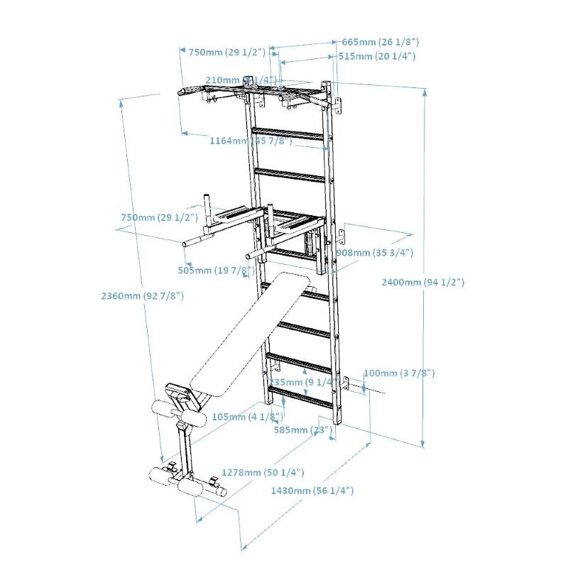 BenchK 723B Wall Bars with Fixed Steel Pull Up Bar with Dip Bar and Bench with Dimensions