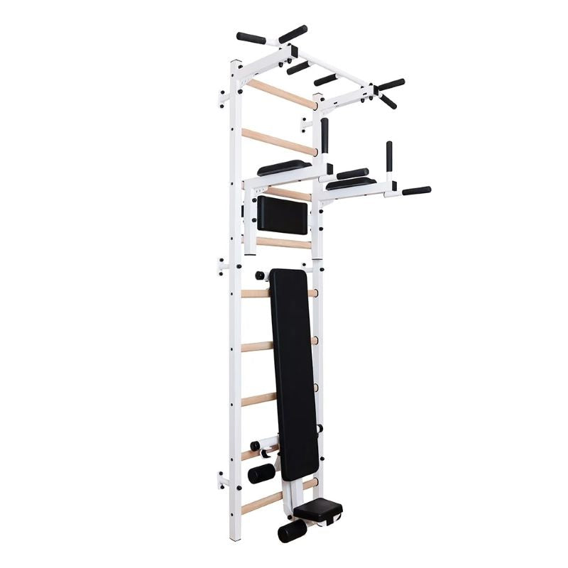 BenchK 723W Wall Bars with Fixed Steel Pull Up Bar with Dip Bar and Bench Side View