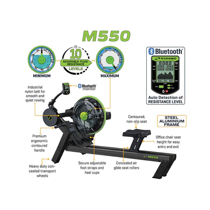 Dynamic Fluid Fitness M550 Rower with Specs