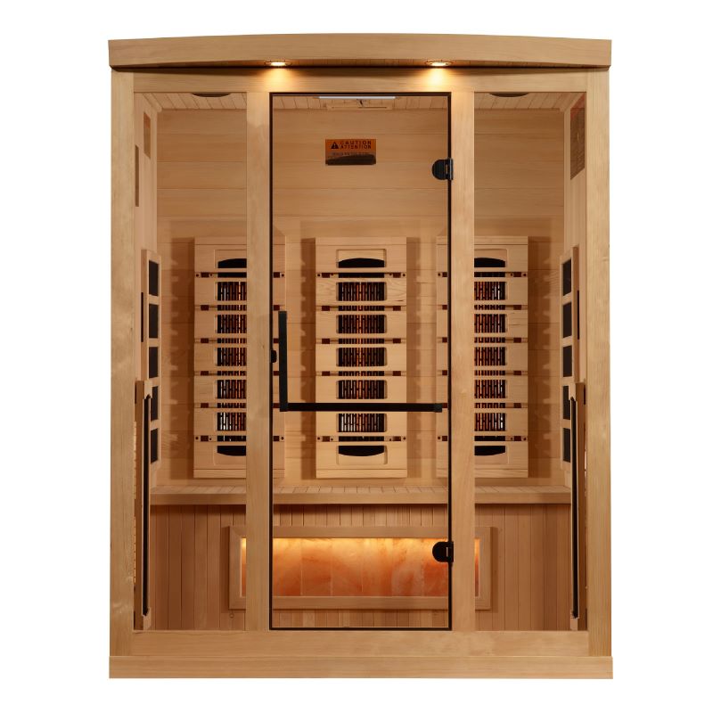 Golden Designs 3 Person Near Zero EMF FAR Infrared Sauna with Himalayan Salt Bar Front View