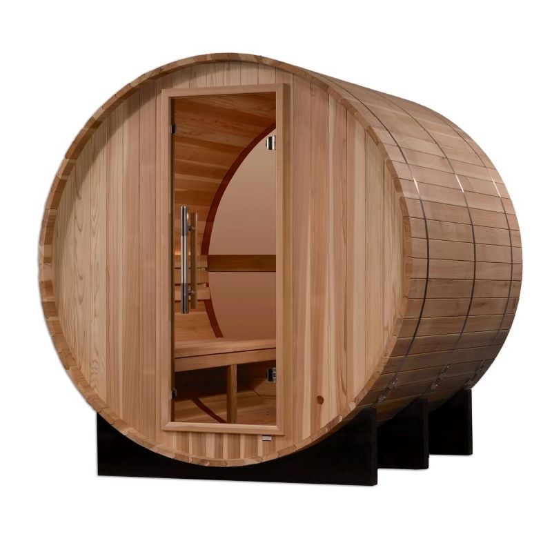 Golden Designs Zurich 4 Person Barrel Traditional Sauna with Bronze Privacy View Front View